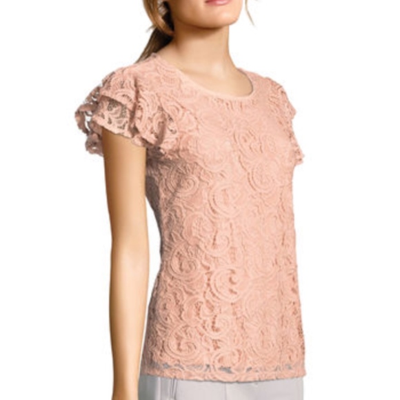 NWT! ADRIANNA PAPELL ROSEY RUFFLE SLV LACE TOP MED - Picture 3 of 8